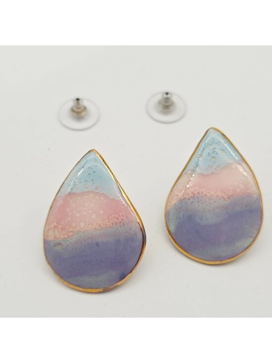 Unbranded Jewelry - Pastel Gradient Teardrop Stud Earrings Gold Trim Ceramic & Metal Unique Handmade